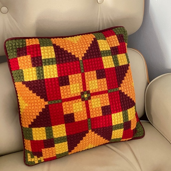 Vintage Other - Vintage Needlepoint Cushion Couch Throw Pillow Velvet Geo Mid Century Crewel